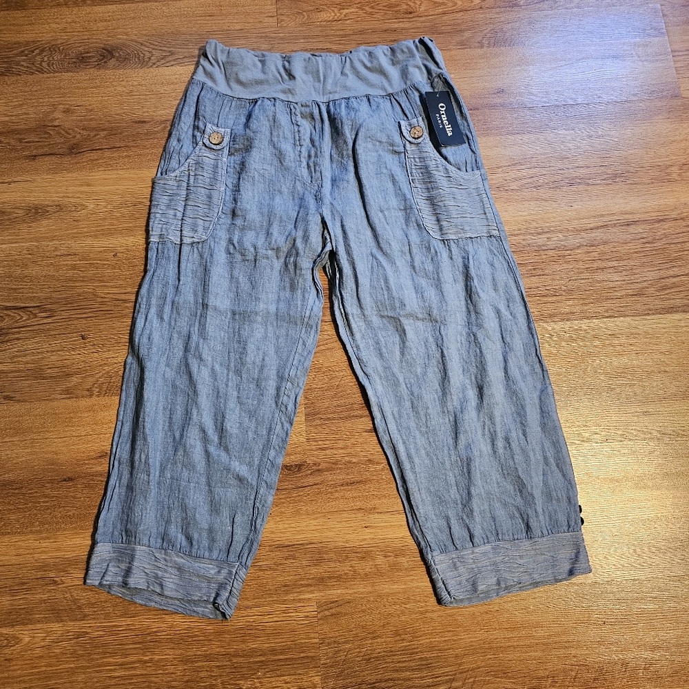 Ornella Blue Slide-Pocket Crop Pants, Size M